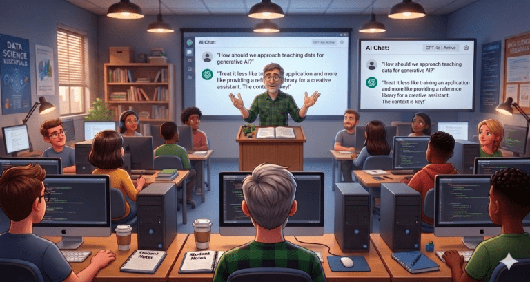Man teaching AI in front of a classroom of students.