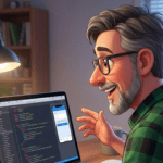 Happy man in front of a laptop.