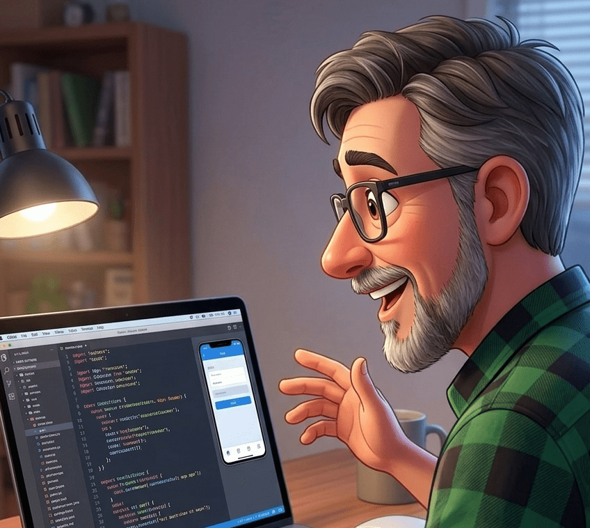 Happy man in front of a laptop.
